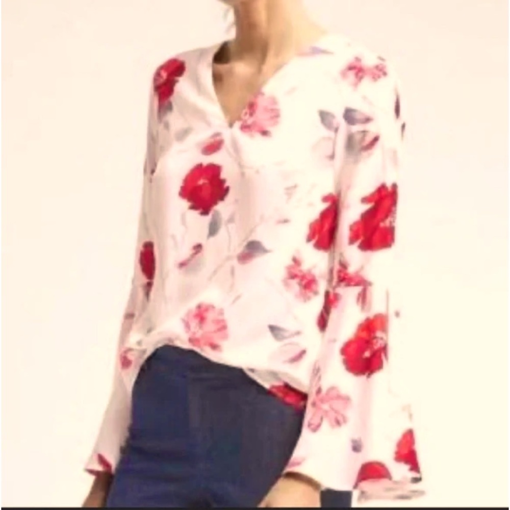 Banana Republic Long Bell Sleeve Floral Blouse White Red V-Neck size S